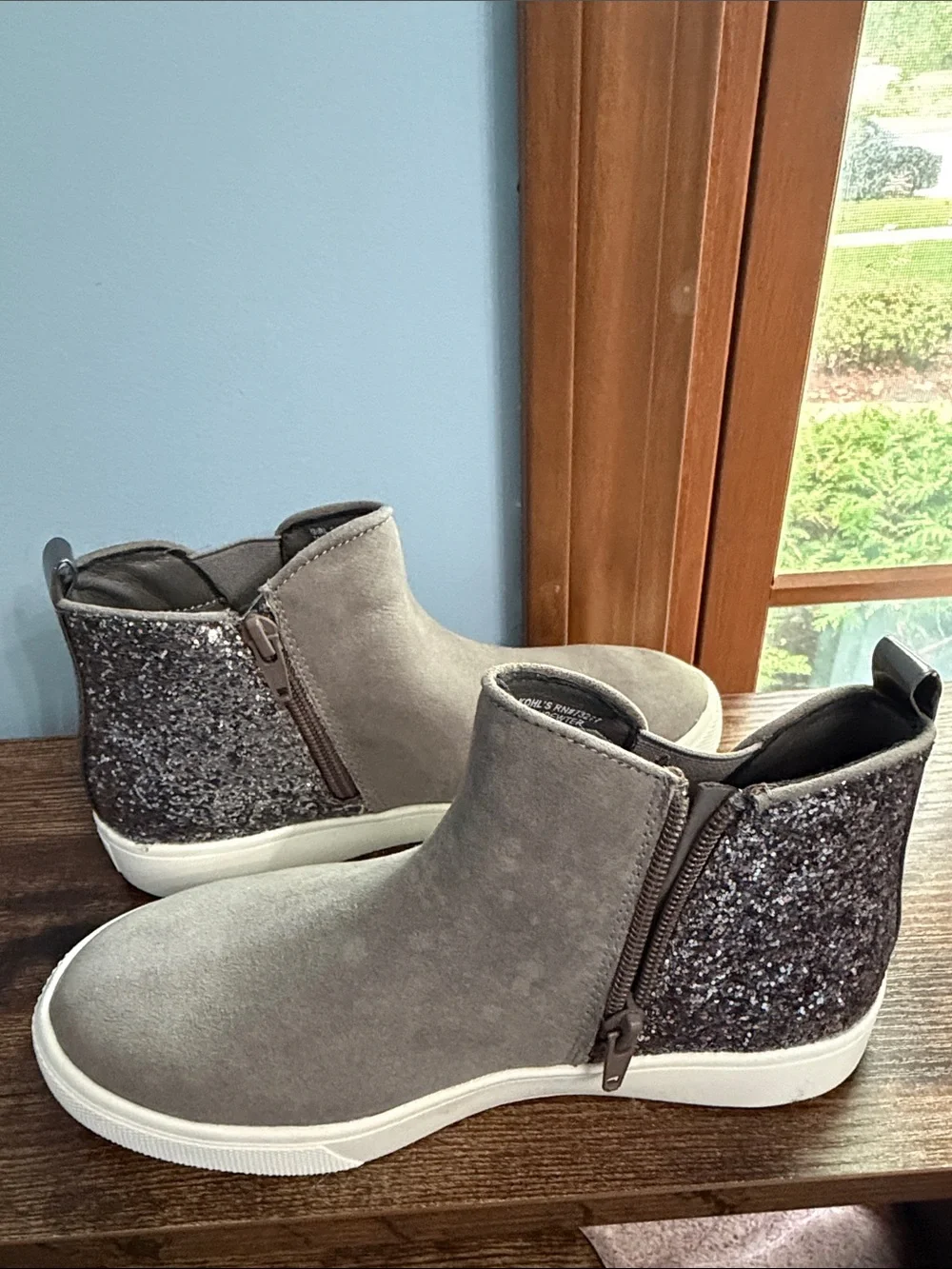 Girls Gray Slip-On Sneaker Boot with Glitter Heel